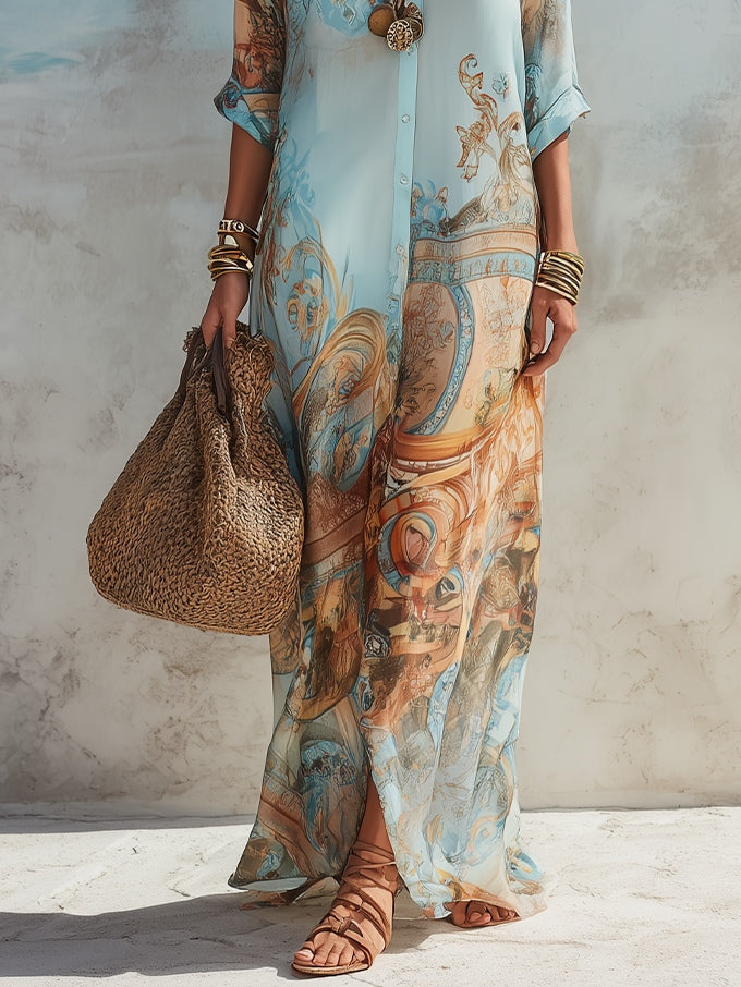 Abito Maxi Blu con Stampa Floreale