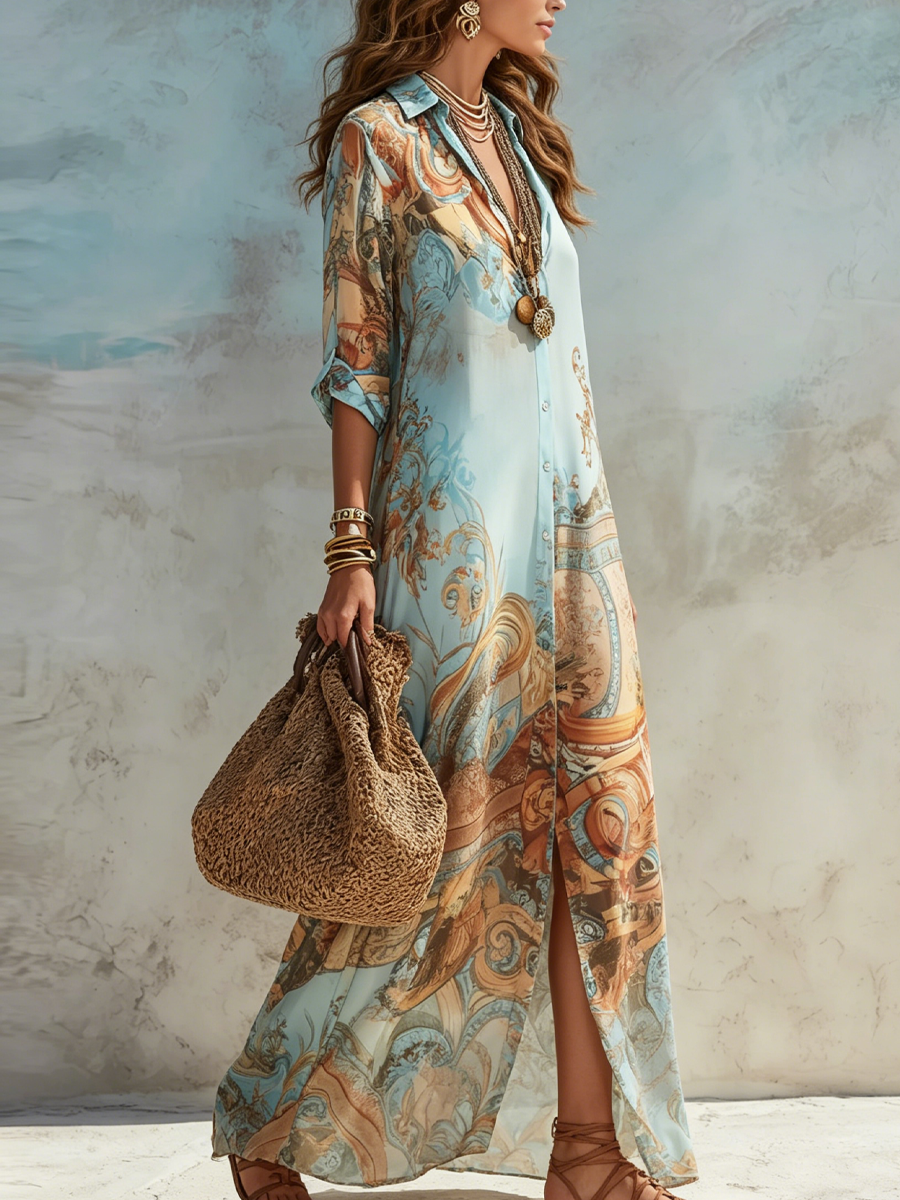 Abito Maxi Blu con Stampa Floreale