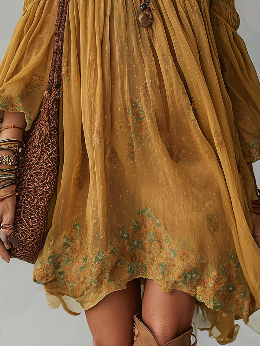 Abito Mini Giallo in Chiffon con Fiori Spalle Scoperte