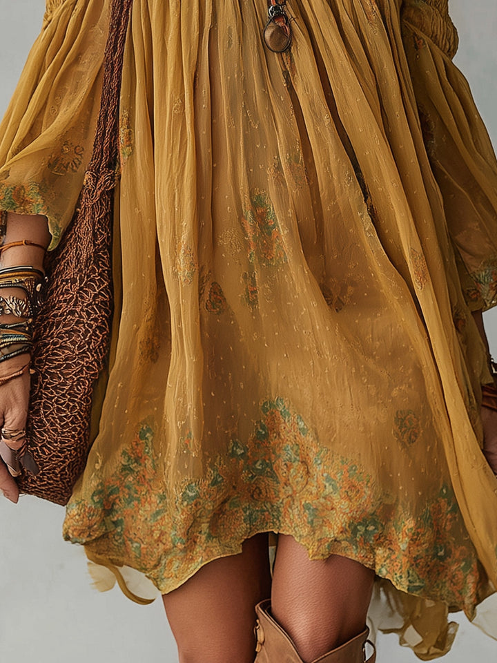 Abito Mini Giallo in Chiffon con Fiori Spalle Scoperte