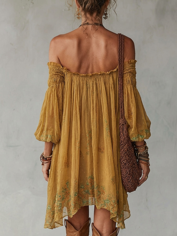 Abito Mini Giallo in Chiffon con Fiori Spalle Scoperte