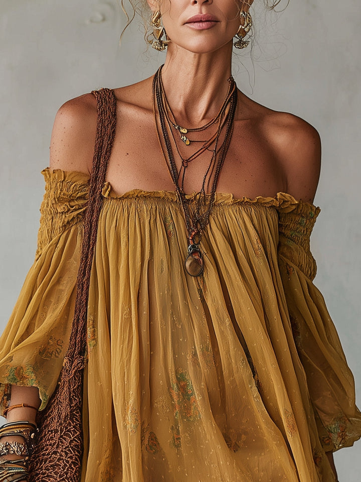 Abito Mini Giallo in Chiffon con Fiori Spalle Scoperte