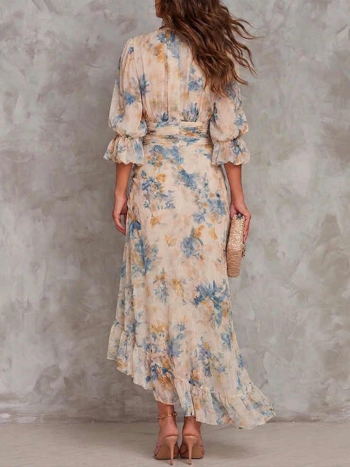 Abito Maxi in Chiffon Irregolare con Stampa Floreale e Collo Alto Beige