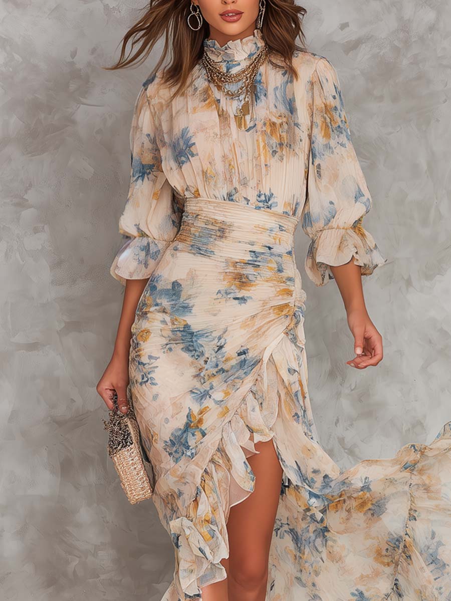 Abito Maxi in Chiffon Irregolare con Stampa Floreale e Collo Alto Beige