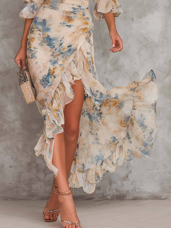 Abito Maxi in Chiffon Irregolare con Stampa Floreale e Collo Alto Beige