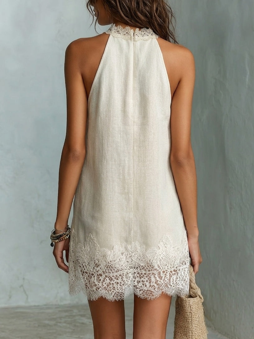 Chic Mini Abito con Scollo a Halter e Pizzo Color Avorio