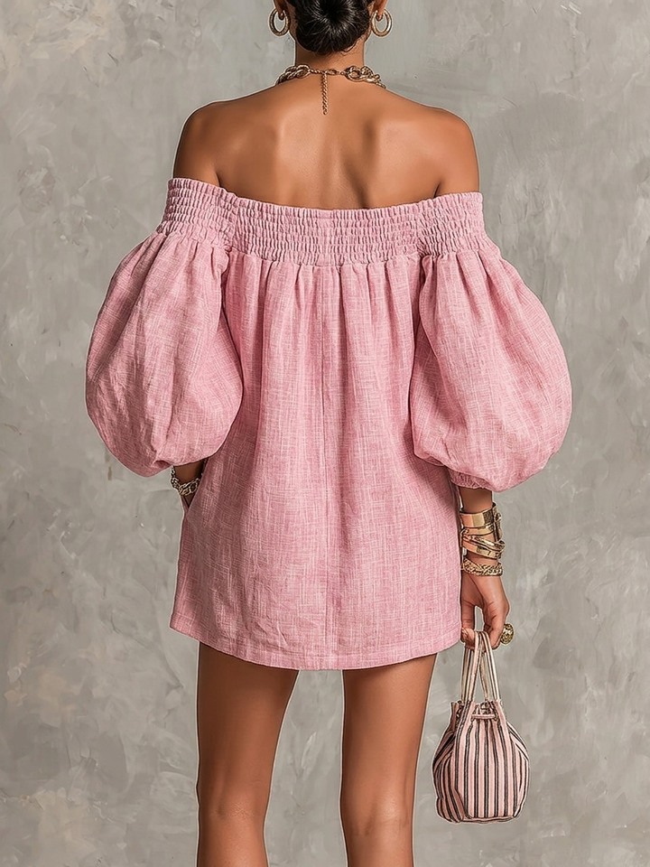 Abito Mini A-line Rosa con Maniche a Lantern e Spalle Scoperte