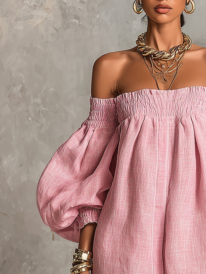 Abito Mini A-line Rosa con Maniche a Lantern e Spalle Scoperte