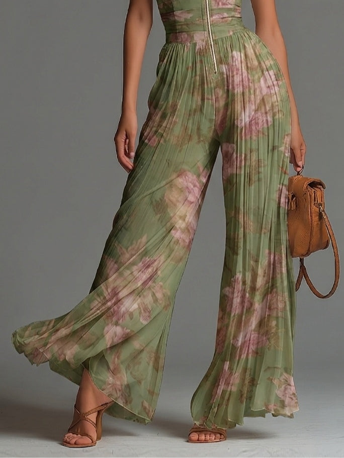 Tuta in Chiffon Verde Floreale Senza Maniche con Zip e Pieghe a Gamba Larga