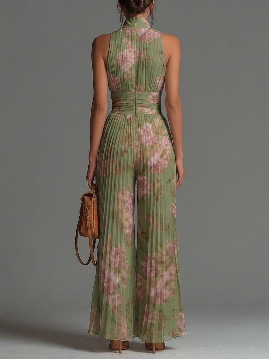 Tuta in Chiffon Verde Floreale Senza Maniche con Zip e Pieghe a Gamba Larga