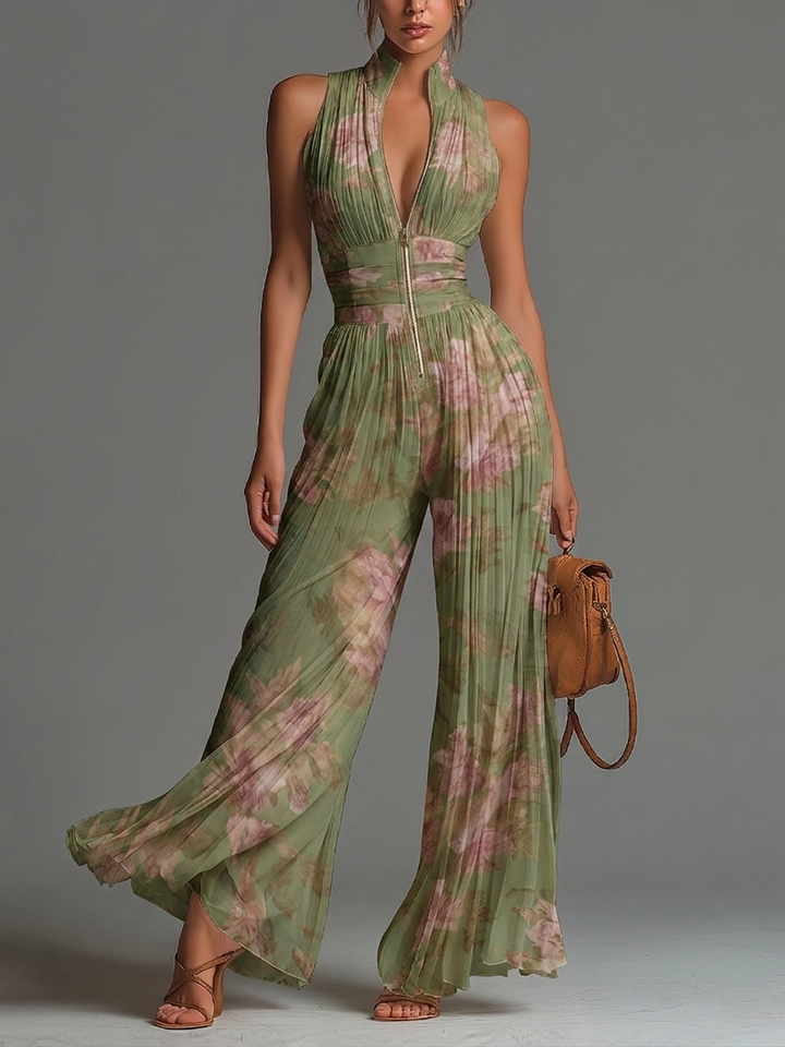 Tuta in Chiffon Verde Floreale Senza Maniche con Zip e Pieghe a Gamba Larga
