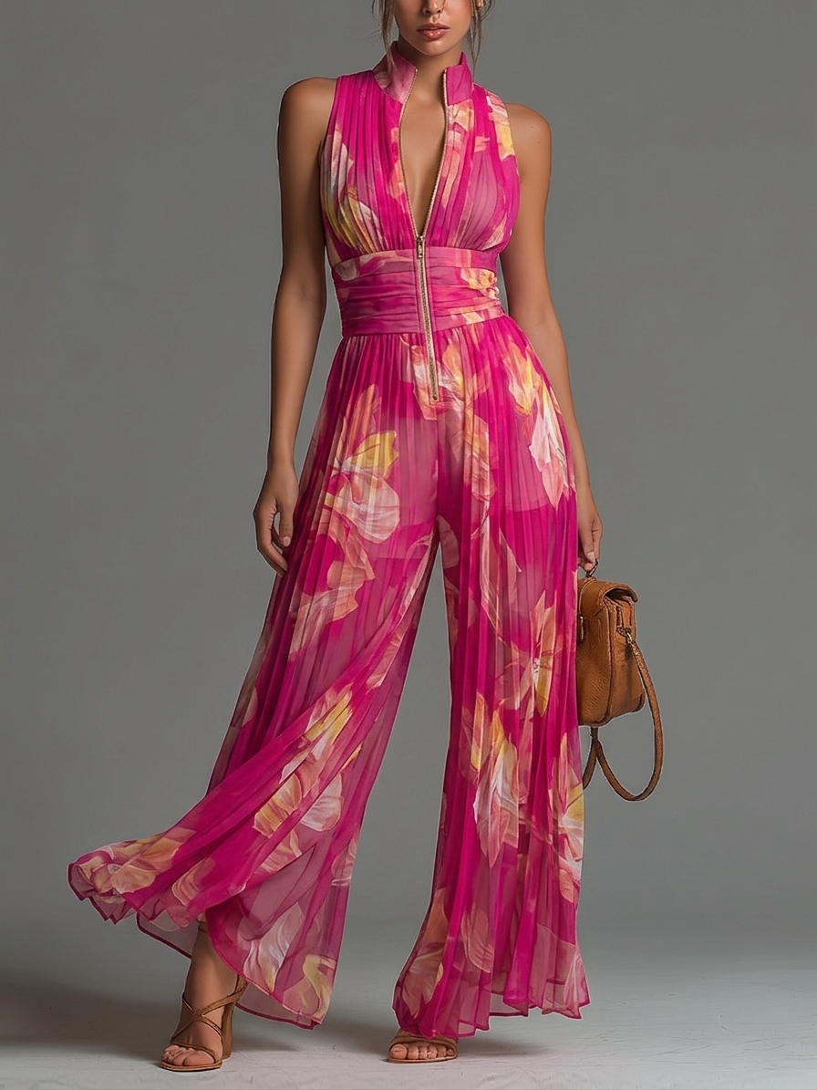 Tuta senza maniche in chiffon plissettata con zip e stampa floreale fucsia