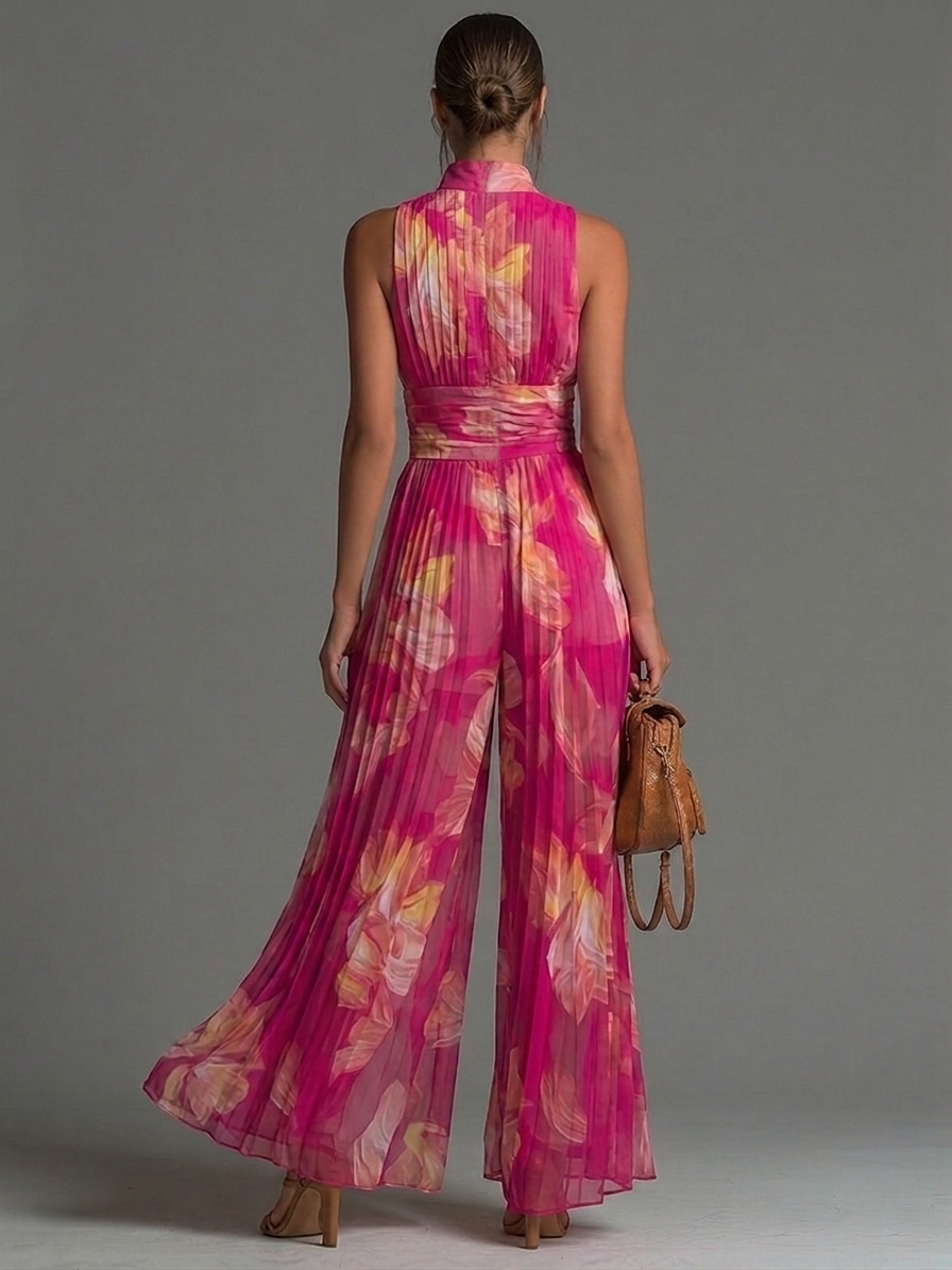 Tuta senza maniche in chiffon plissettata con zip e stampa floreale fucsia