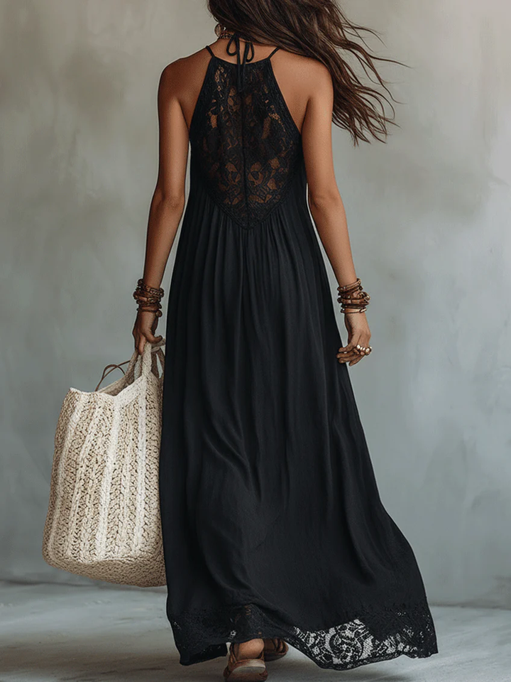 Abito Maxi Nero Senza Maniche con Pizzo Bohemien