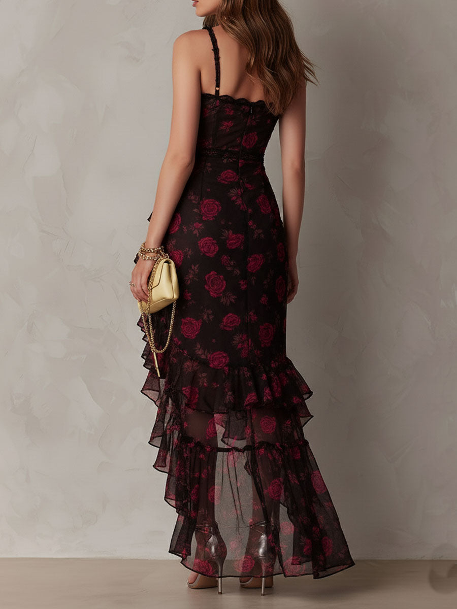 Abito Chic Nero e Rosso con Fiori e Rouches in Fondo