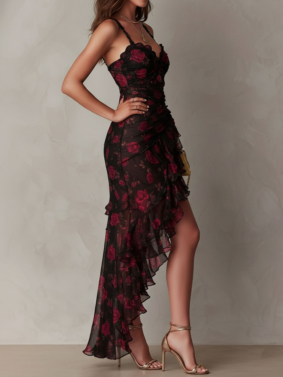 Abito Chic Nero e Rosso con Fiori e Rouches in Fondo