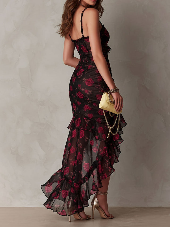 Abito Chic Nero e Rosso con Fiori e Rouches in Fondo