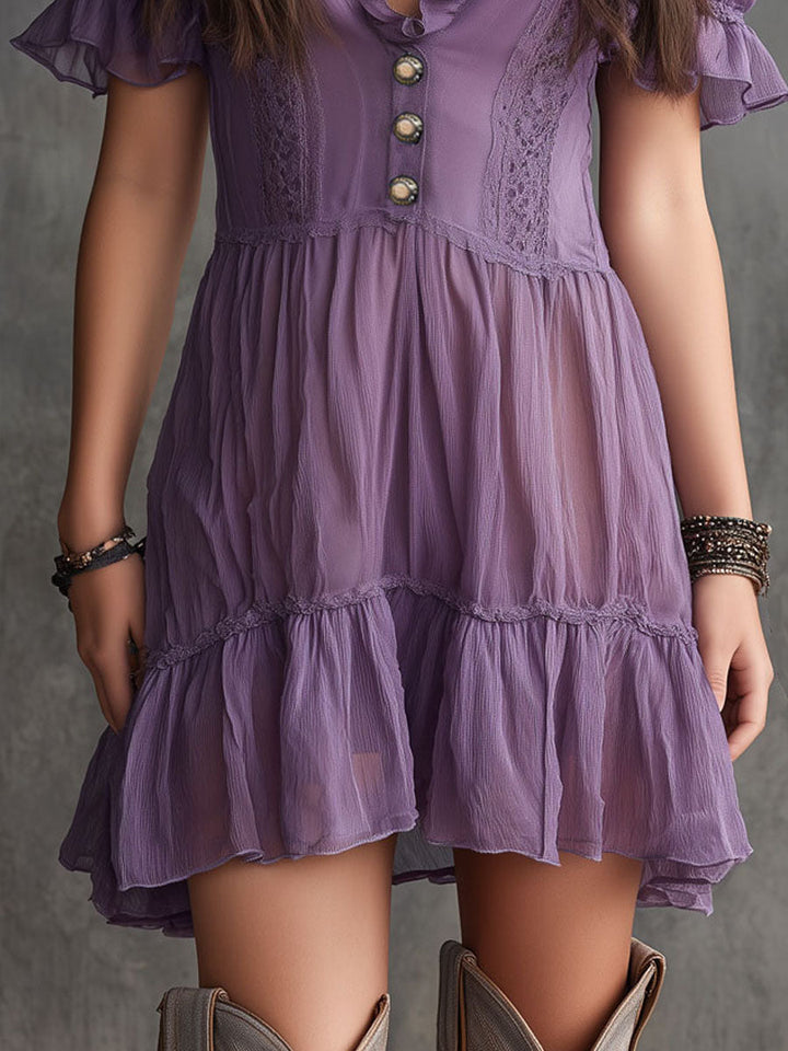 Abito Mini in Chiffon con Maniche a Puff e Righe Arricciate