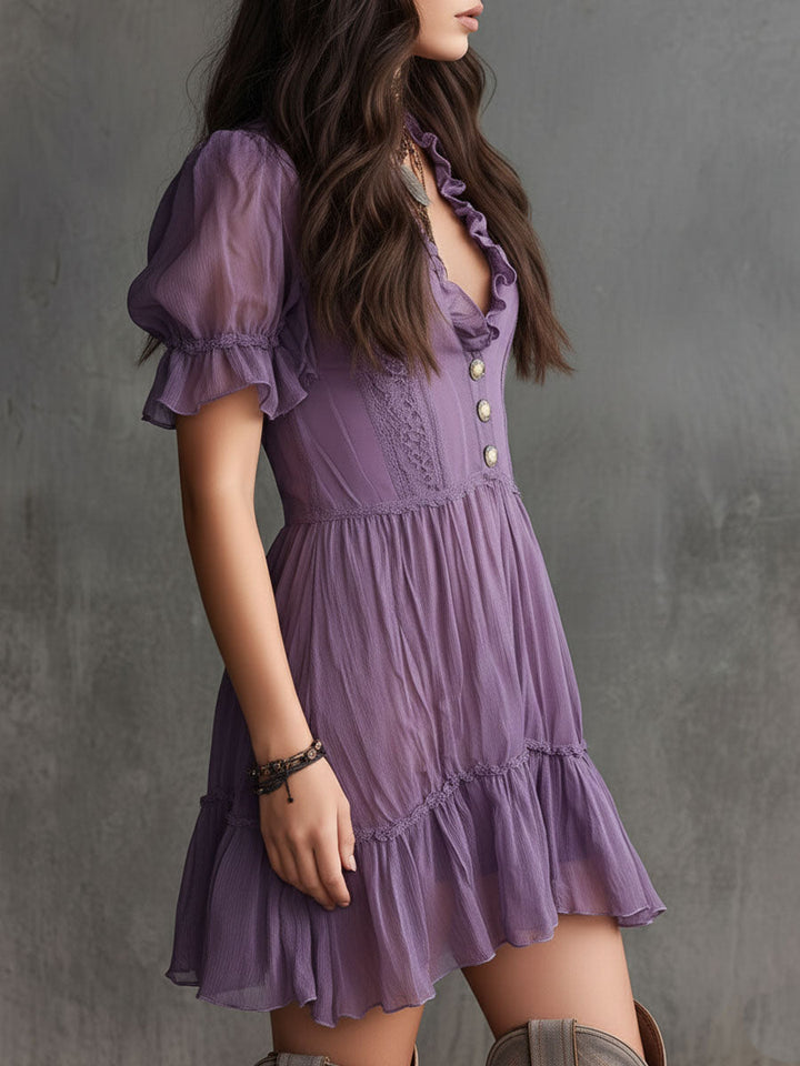 Abito Mini in Chiffon con Maniche a Puff e Righe Arricciate