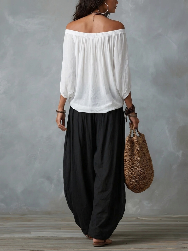 Top Bianco Off-the-Shoulder e Set di Pantaloni Lantern Larghi