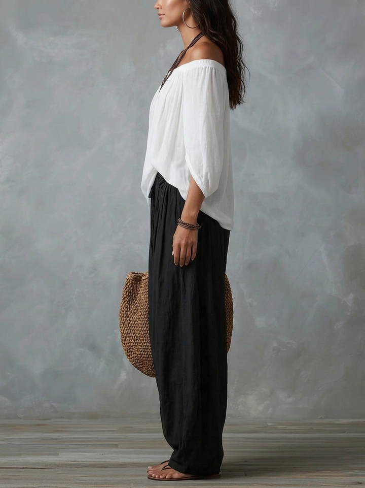 Top Bianco Off-the-Shoulder e Set di Pantaloni Lantern Larghi