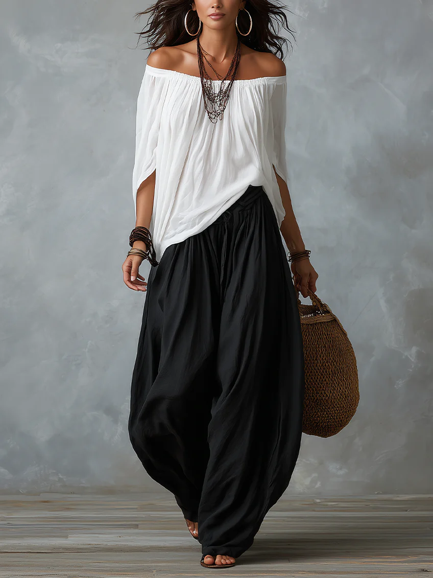 Top Bianco Off-the-Shoulder e Set di Pantaloni Lantern Larghi