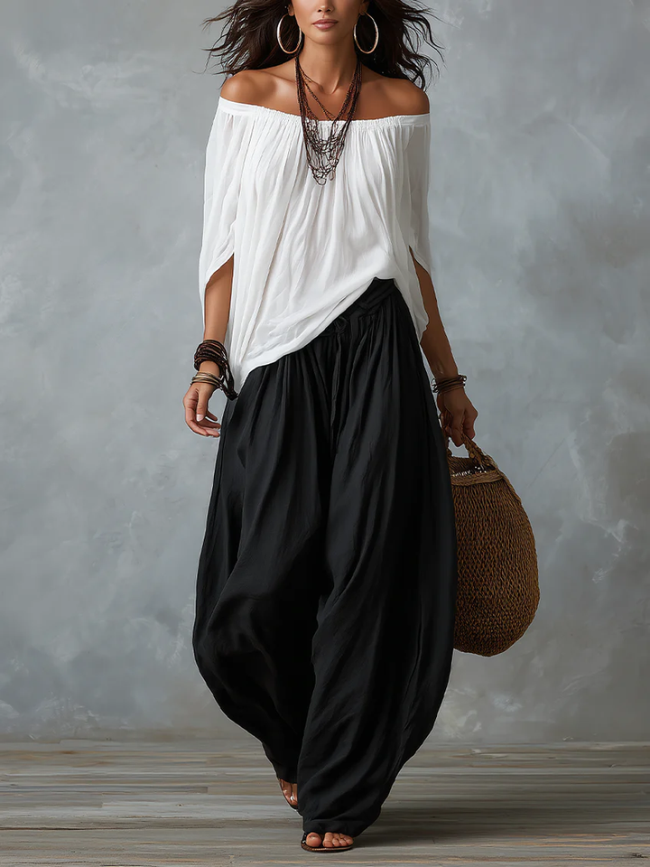 Top Bianco Off-the-Shoulder e Set di Pantaloni Lantern Larghi