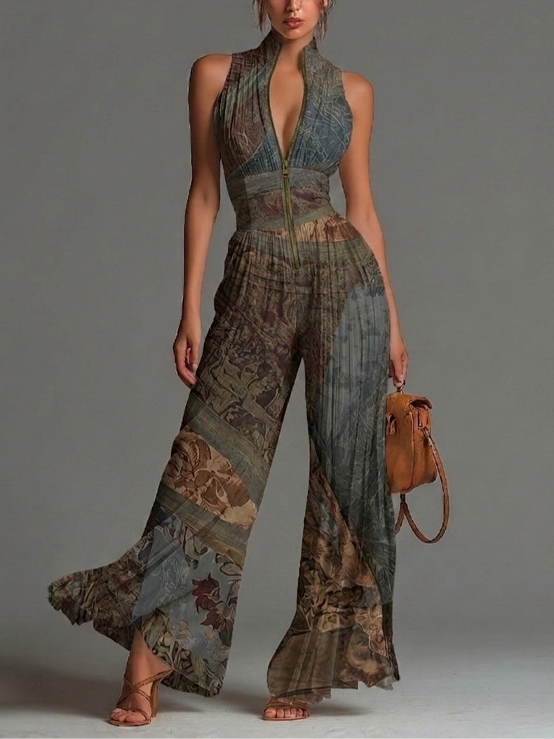 Tuta senza maniche in chiffon con stampa etnica bohemien, zip e pantaloni larghi plissettati
