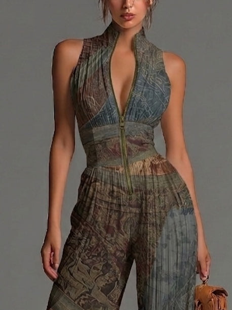 Tuta senza maniche in chiffon con stampa etnica bohemien, zip e pantaloni larghi plissettati