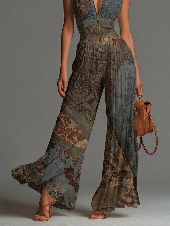 Tuta senza maniche in chiffon con stampa etnica bohemien, zip e pantaloni larghi plissettati