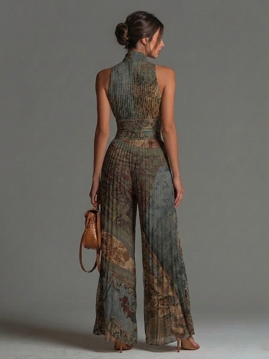 Tuta senza maniche in chiffon con stampa etnica bohemien, zip e pantaloni larghi plissettati