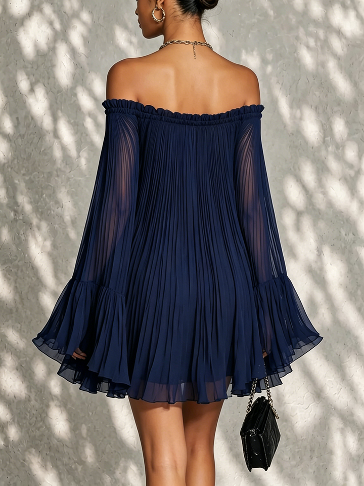 Abito Mini a Maniche a Campana con Ruches e Spalle Scoperte Blu Navy