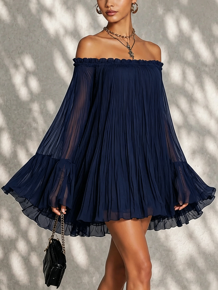 Abito Mini a Maniche a Campana con Ruches e Spalle Scoperte Blu Navy