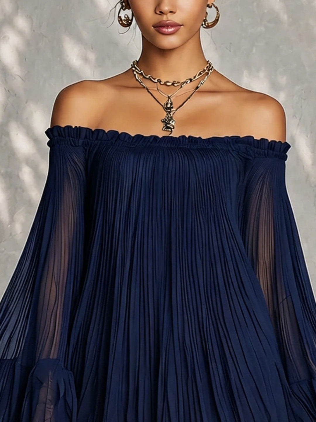 Abito Mini a Maniche a Campana con Ruches e Spalle Scoperte Blu Navy