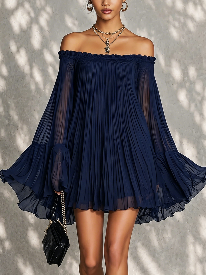 Abito Mini a Maniche a Campana con Ruches e Spalle Scoperte Blu Navy