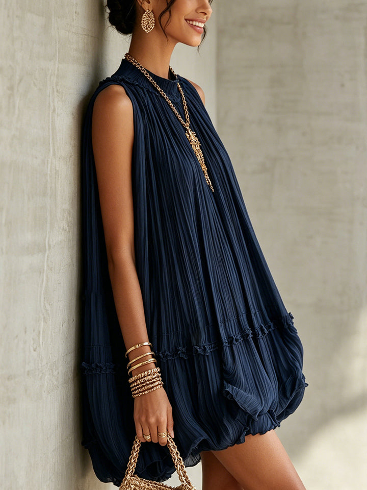 Abito Mini Bubble in Chiffon Ruffle con Scollo Halter Blu Navy