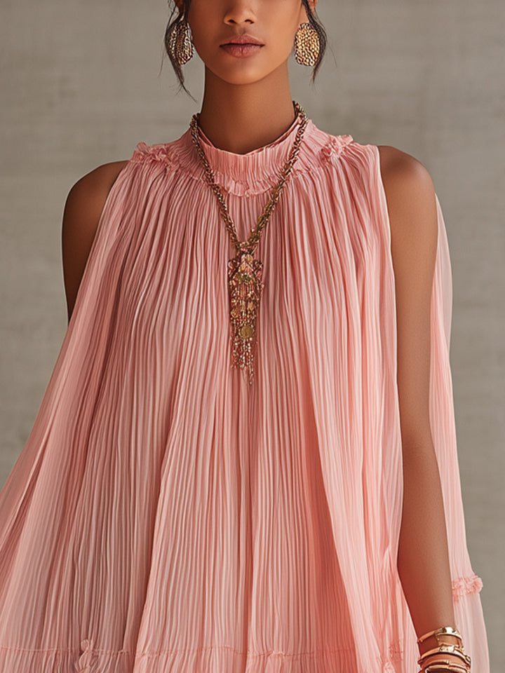 Abito Mini Chiffon a Righe Rosa con Scollo Halter