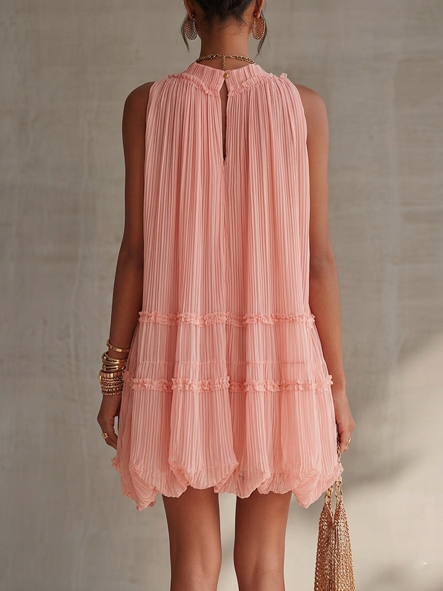 Abito Mini Chiffon a Righe Rosa con Scollo Halter