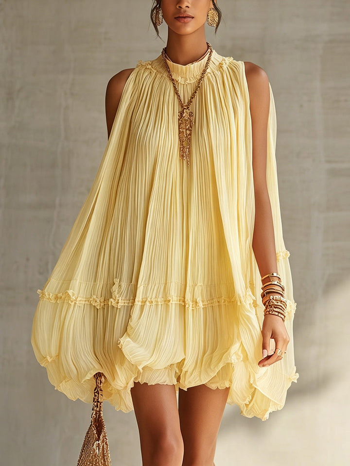 Abito Mini Bubble in Chiffon Giallo con Scollo a Halter e Volant
