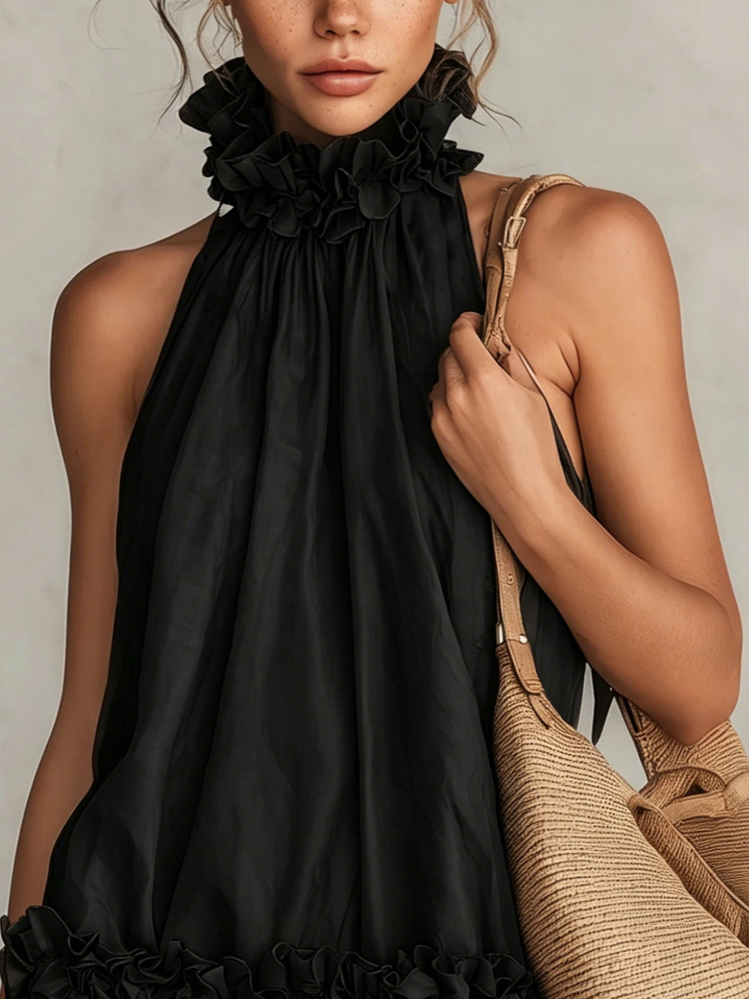 Abito Mini Senza Maniche con Collo Halter in Chiffon Nero con Volant