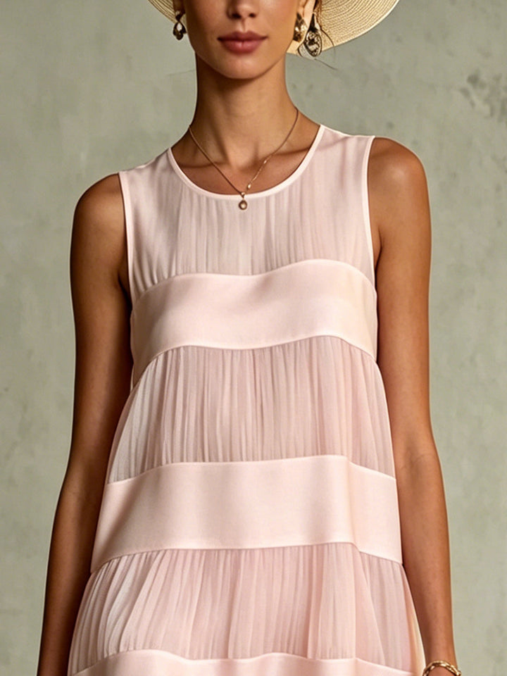 Abito Mini in Chiffon Pieghettato a Strati Rosa Chiaro con Patchwork