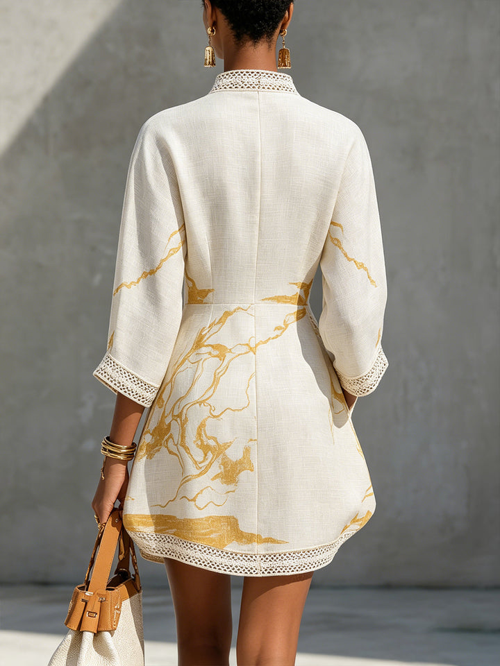 Abito Mini in Pizzo all'Uncinetto con Scollatura a V in Oro Avorio