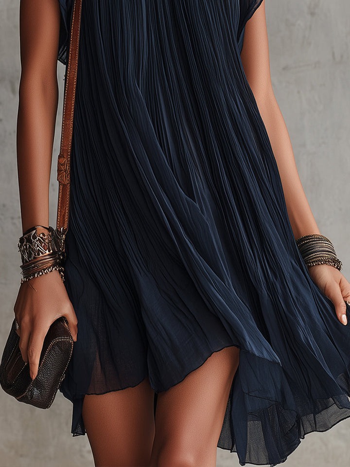 Abito Mini Plissettato in Chiffon Ricamato con Fiori Blu Navy