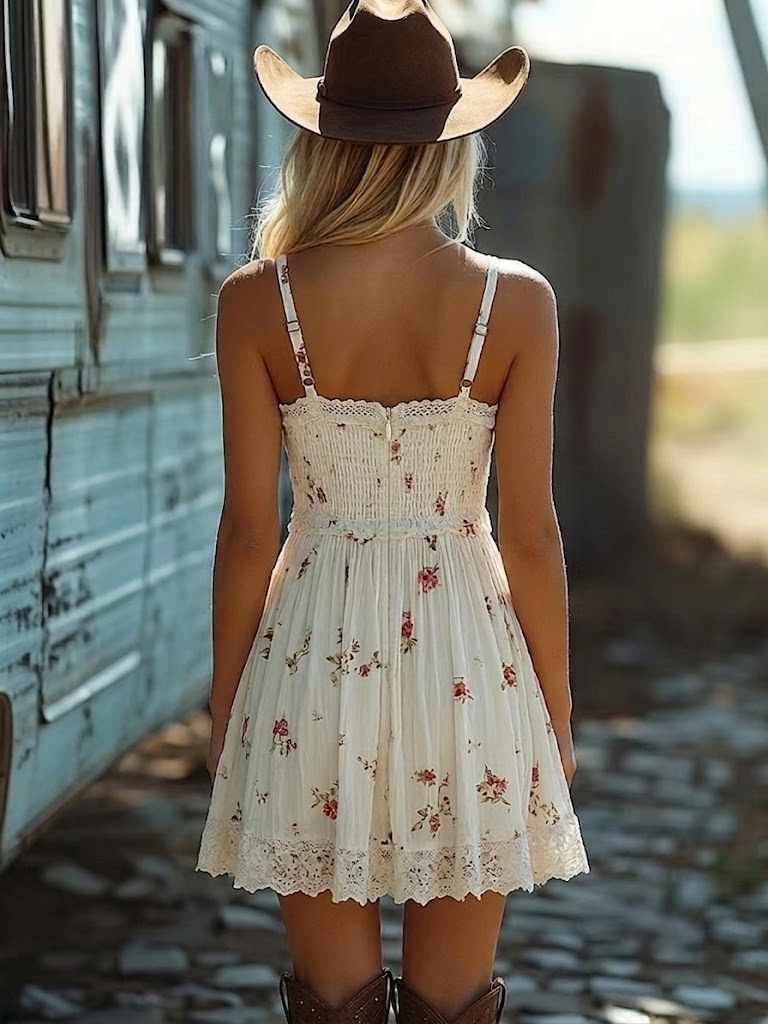 Abito Mini Bohemien con Spalline a Spaghetti e Stampa Floreale Bianca