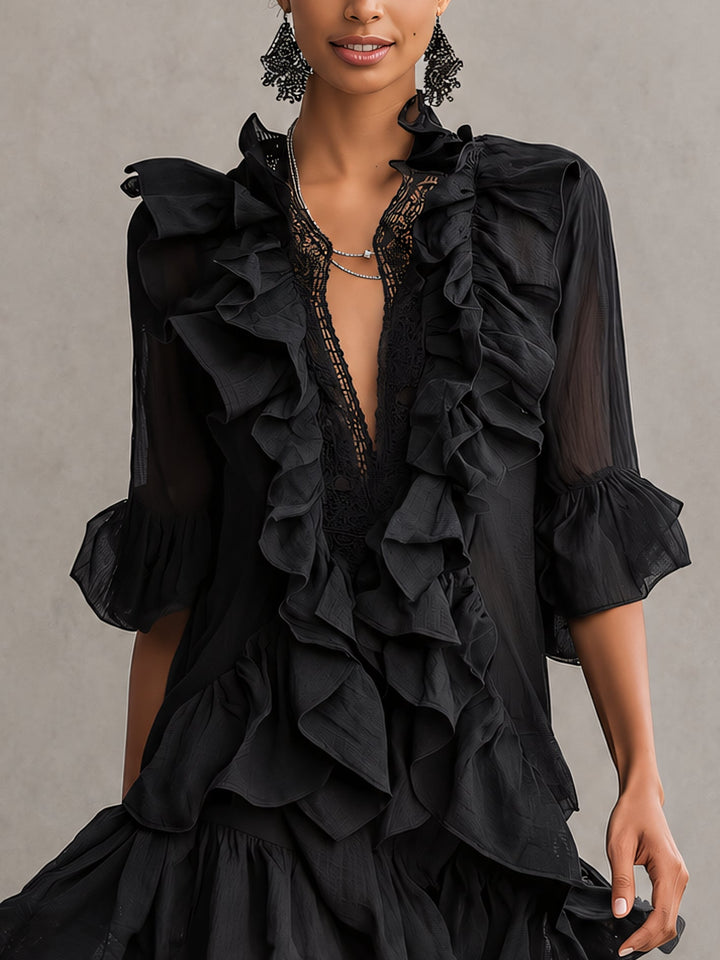 Abito Mini in Chiffon Nero con Rouches