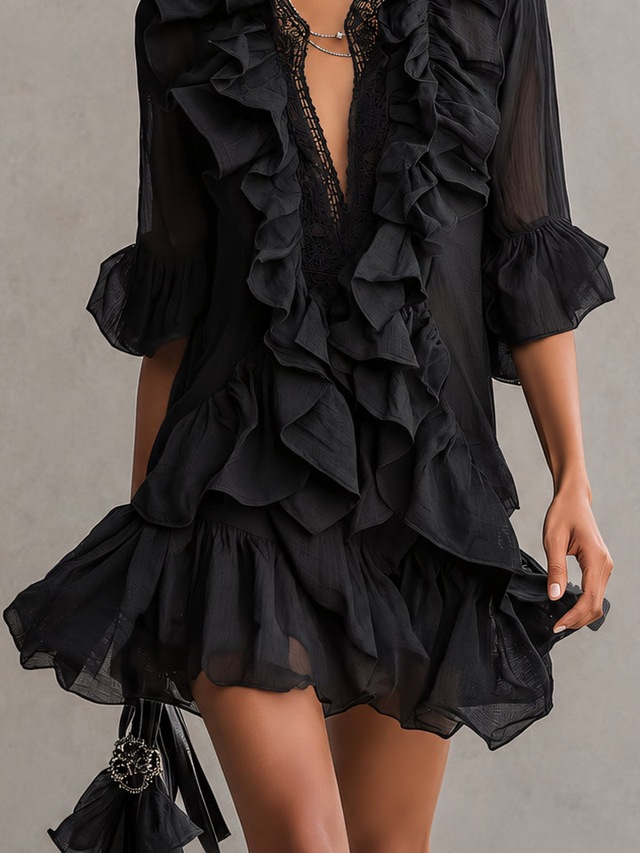 Abito Mini in Chiffon Nero con Rouches