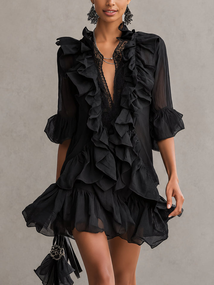 Abito Mini in Chiffon Nero con Rouches