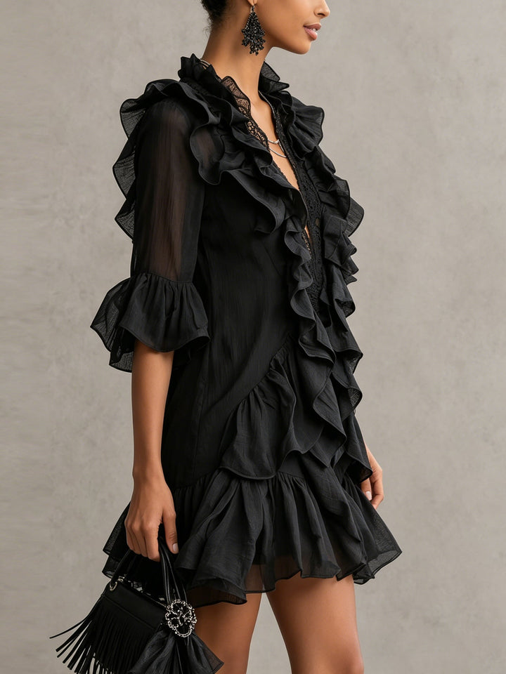 Abito Mini in Chiffon Nero con Rouches