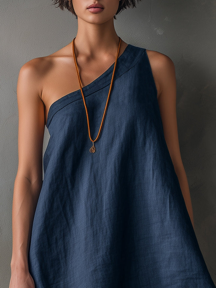 Abito Mini Senza Maniche Asimmetrico Blu Navy