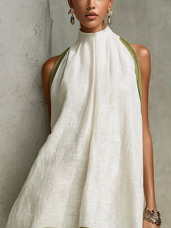 Abito Mini A-Line Senza Maniche Bianco e Verde Oliva con Fiori